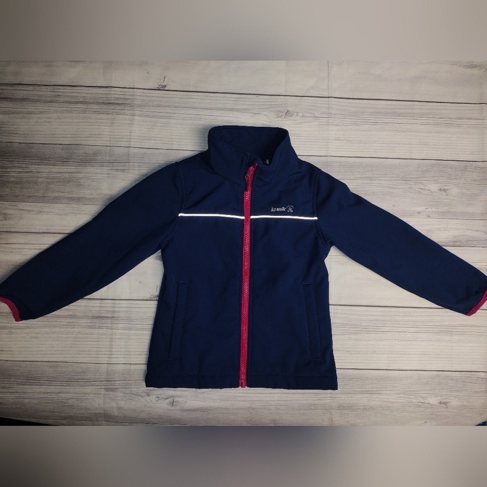 Kamik Kids Navy Blue Full Zip Softshell Jacket Reflective Stripe‎ Pink Trim Sz 5